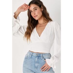 Lulu's White Bring the Pleat White Pleated Long Sleeve Cropped Top - Medium
